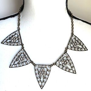 Rhinestone brass necklace, star triangle flower motif vintage